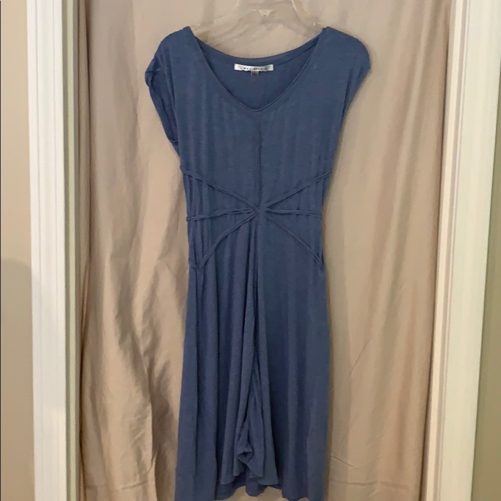 blue midi dress with waist detailing